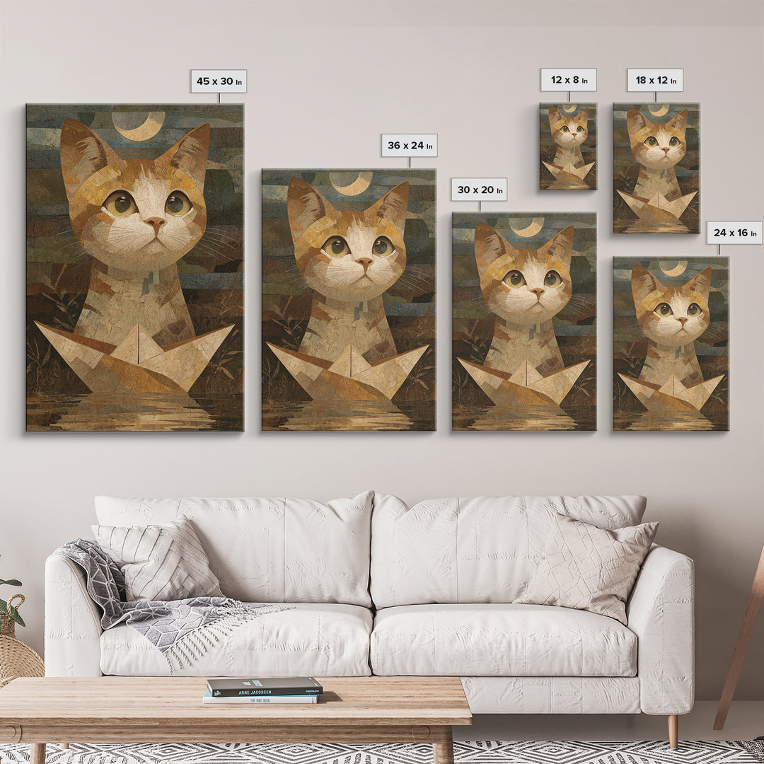 Cat Sailing a Paper Boat Canvas Print, Whimsical Art, Contemporary Art, Living Room Decor, Fine Art, Wonder, Art Nouveau, WHI-2x3-10