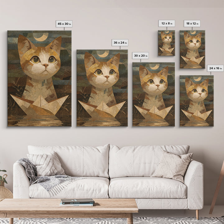 Cat Sailing a Paper Boat Canvas Print, Whimsical Art, Contemporary Art, Living Room Decor, Fine Art, Wonder, Art Nouveau, WHI-2x3-10