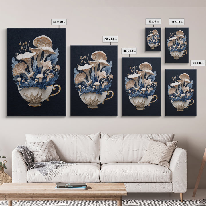 Teacup Garden with Tiny Mushrooms Framed Canvas Print, Whimsical Art, Printable Wall Art, Living Room Decor, Fine Art, Wonder, WHI-2x3-12