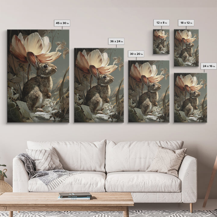 Rabbit Reading Beneath a Giant Flower Framed Canvas Print, Whimsical Art, Nursery Wall Art, Living Room Decor, Fine Art, Wonder, WHI-2x3-13