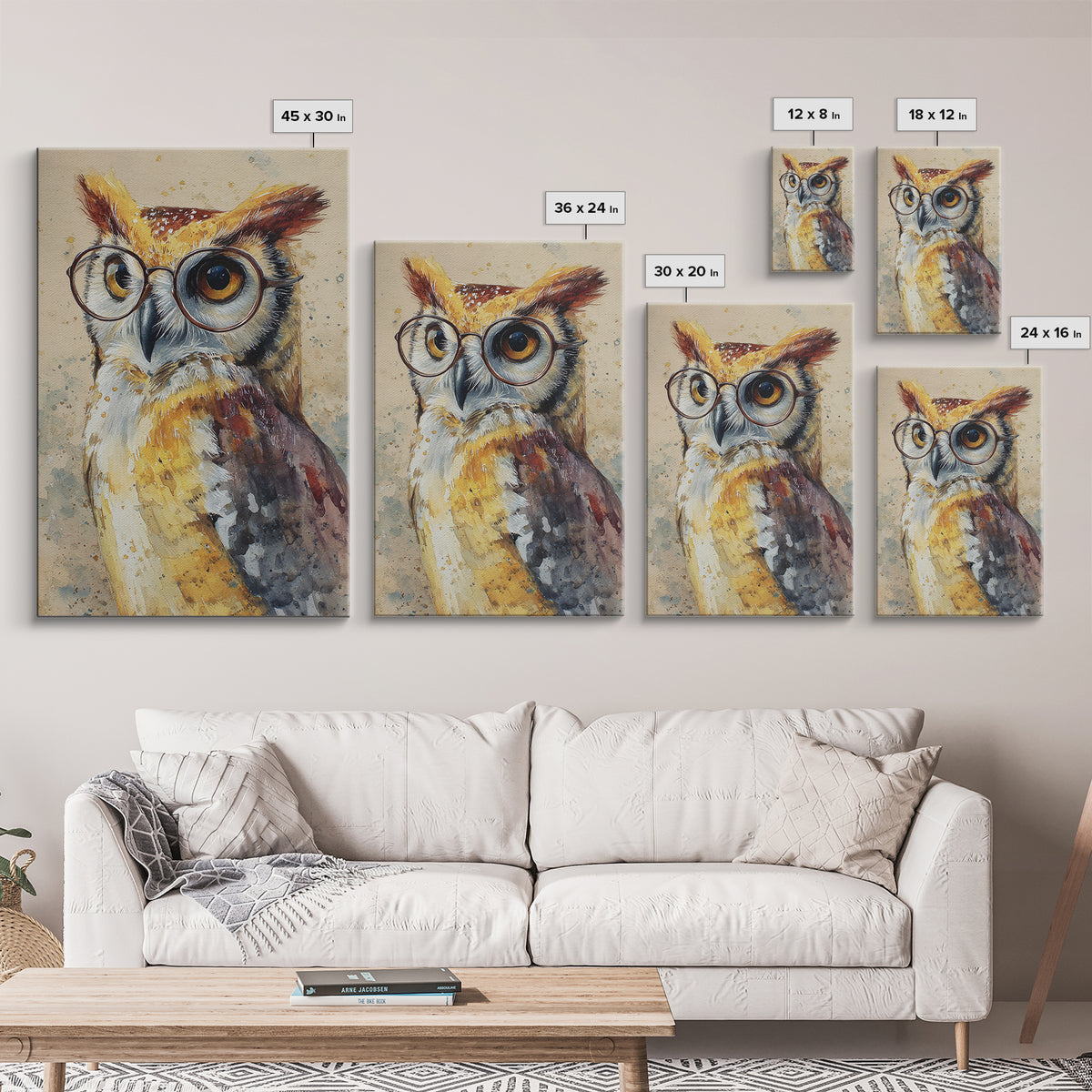 Owl Wearing Spectacles Among Stars Canvas Print, Whimsical Art, Wall Art, Living Room Decor, Oil Painting, Wonder, WHI-2x3-14