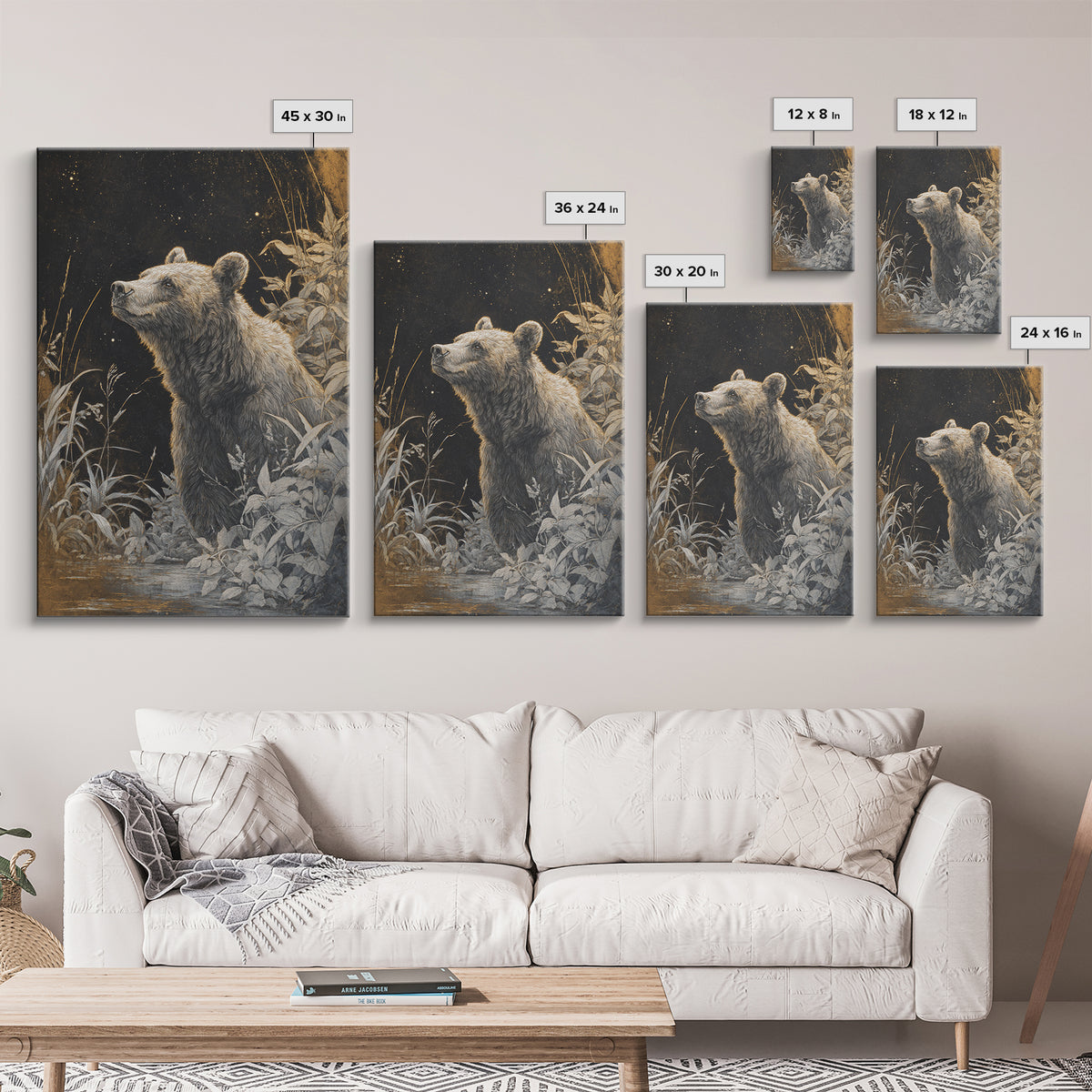 Bear Painting Stars Onto the Night Sky Framed Canvas Print, Whimsical Art, Art Nouveau, Living Room Decor, Abstract Art, Wonder, WHI-2x3-17