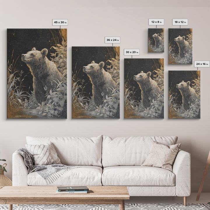 Bear Painting Stars Onto the Night Sky Framed Canvas Print, Whimsical Art, Art Nouveau, Living Room Decor, Abstract Art, Wonder, WHI-2x3-17