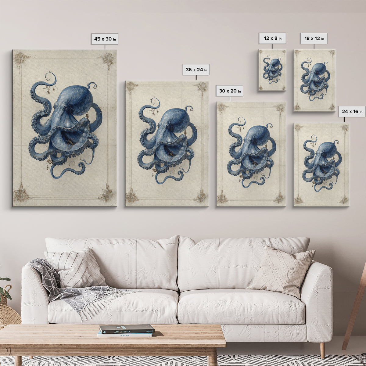 Octopus Conductor with Tiny Instruments Framed Canvas Print, Whimsical Art, Living Room Decor, Abstract Art, Wonder, WHI-2x3-2