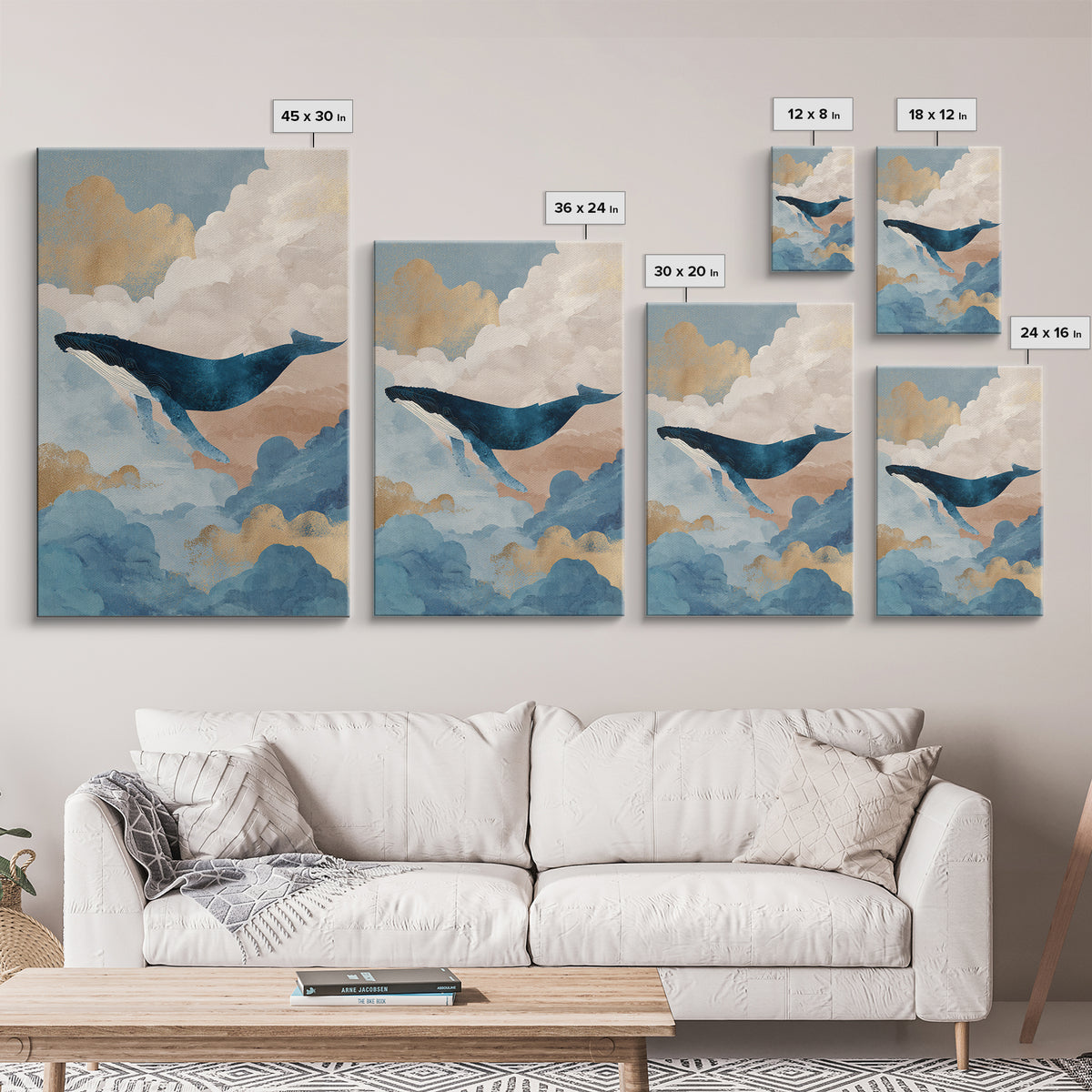 Whale Flying Through Clouds Like Ocean Framed Canvas Print, Whimsical Art, Printable Wall Art, Living Room Decor, Wonder, WHI-2x3-21