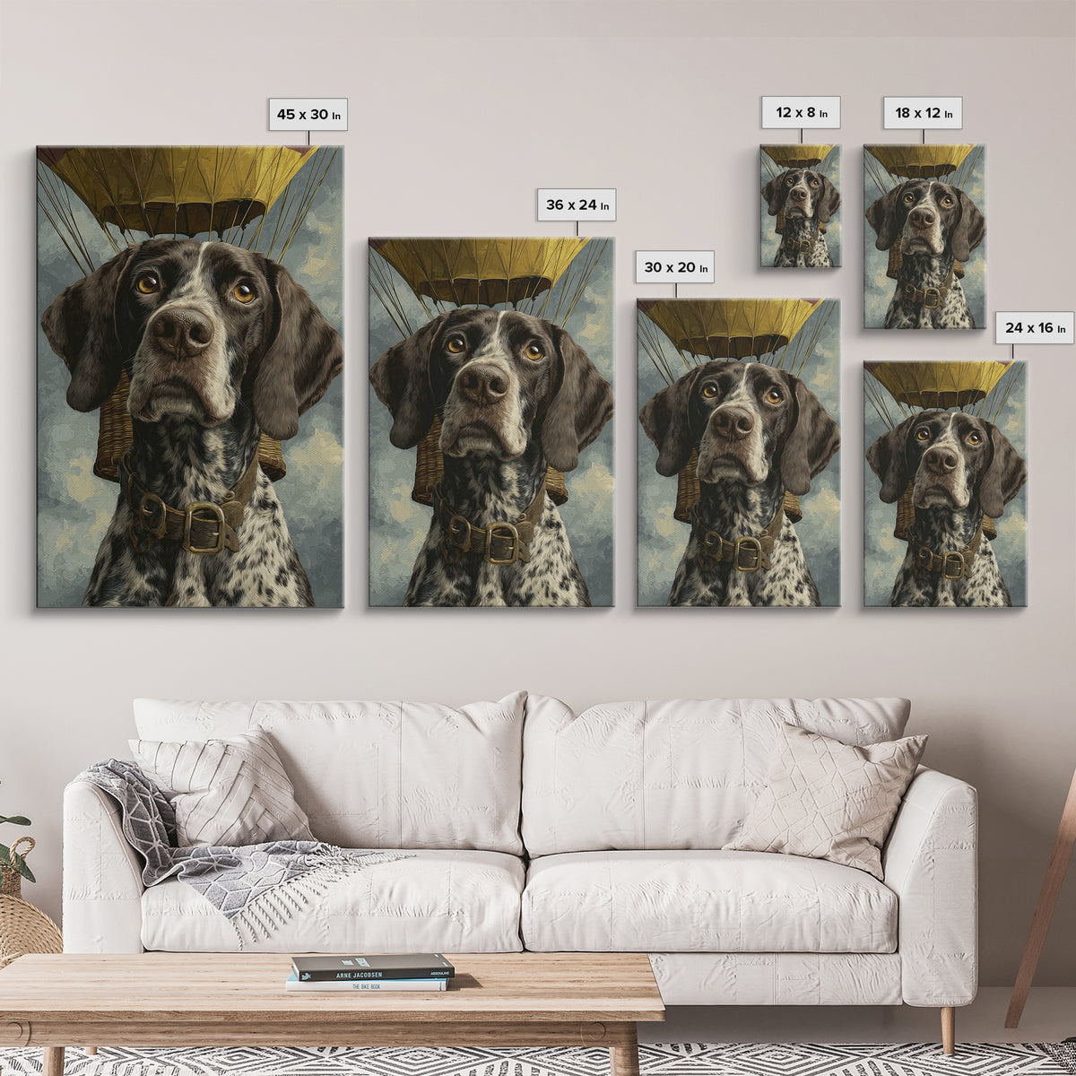 Dog in a Hot Air Balloon Framed Canvas Print, Whimsical Art, Wall Decor, Living Room Decor, Fine Art, Wonder, Printable Art, WHI-2x3-22