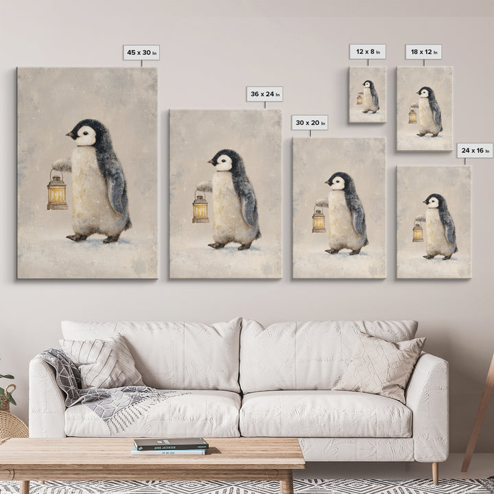 Penguin Holding a Lantern Framed Canvas Print, Whimsical Art, Oil Painting, Living Room Decor, Wonder, Dark Academia Decor, WHI-2x3-25