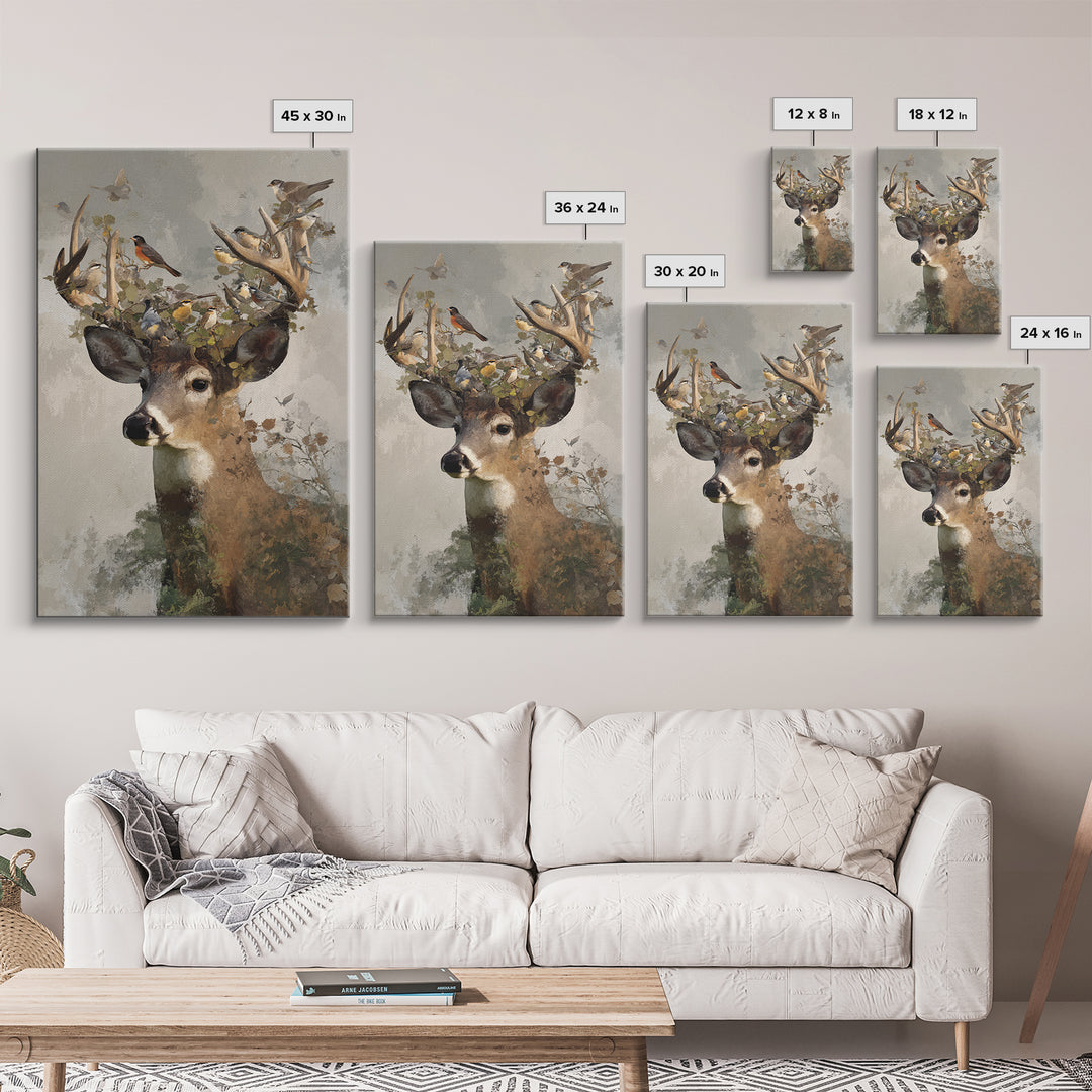 Deer with Antlers Full of Birds Framed Canvas Print, Whimsical Art, Room Decor, Living Room Decor, Wonder, Oil Painting, WHI-2x3-3