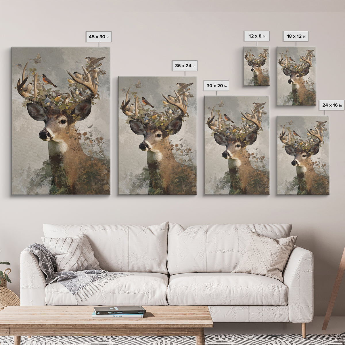 Deer with Antlers Full of Birds Framed Canvas Print, Whimsical Art, Room Decor, Living Room Decor, Wonder, Oil Painting, WHI-2x3-3