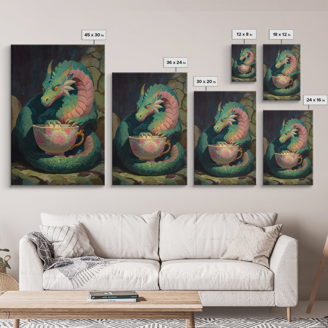 Dragon Curled Around a Teacup Canvas Print, Whimsical Art, Statement Artwork, Living Room Decor, Fine Art, Wonder, Art Print, WHI-2x3-32