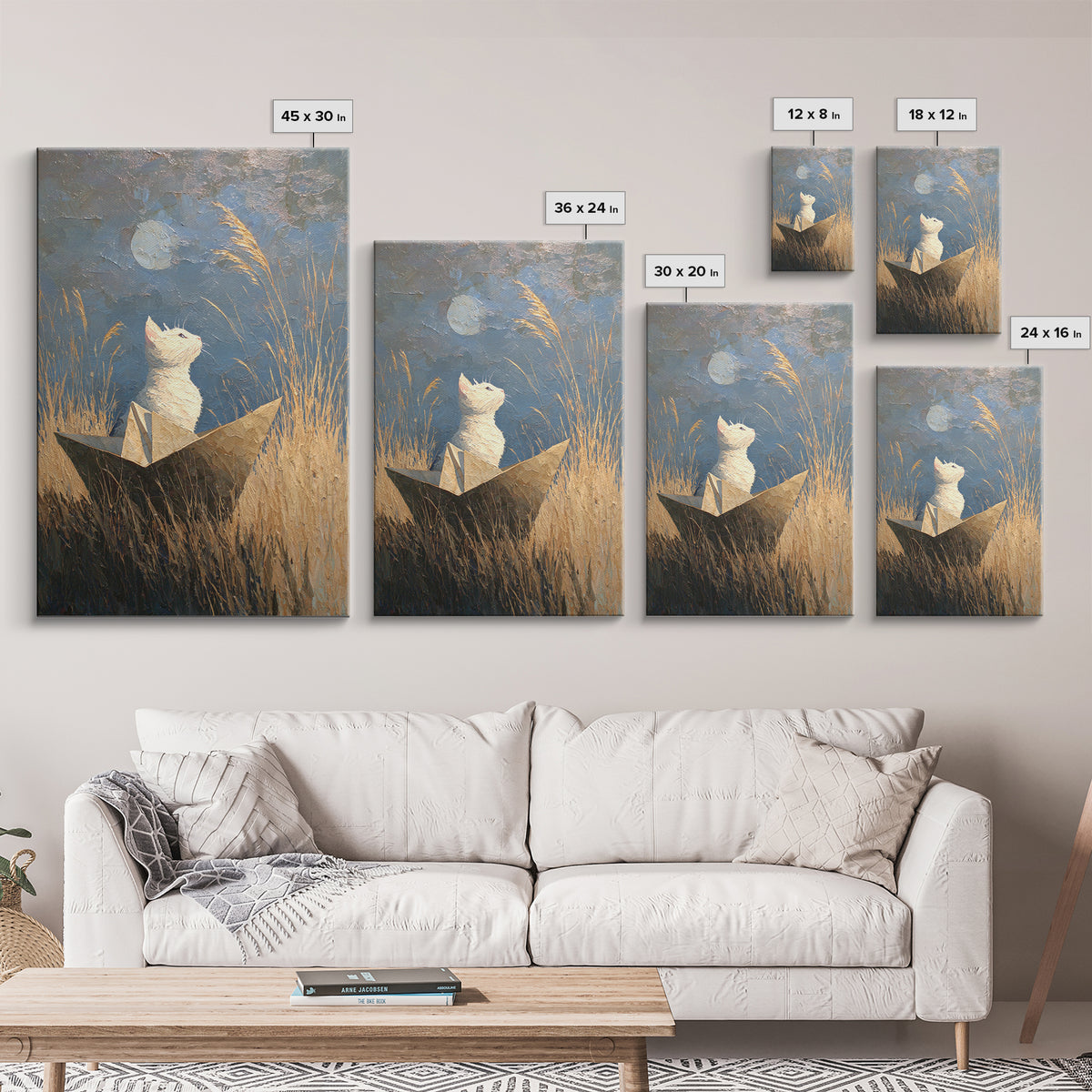Cat Sailing a Paper Boat Framed Canvas Print, Whimsical Art, Digital Art, Living Room Decor, Fine Art, Wonder, Nursery, WHI-2x3-34
