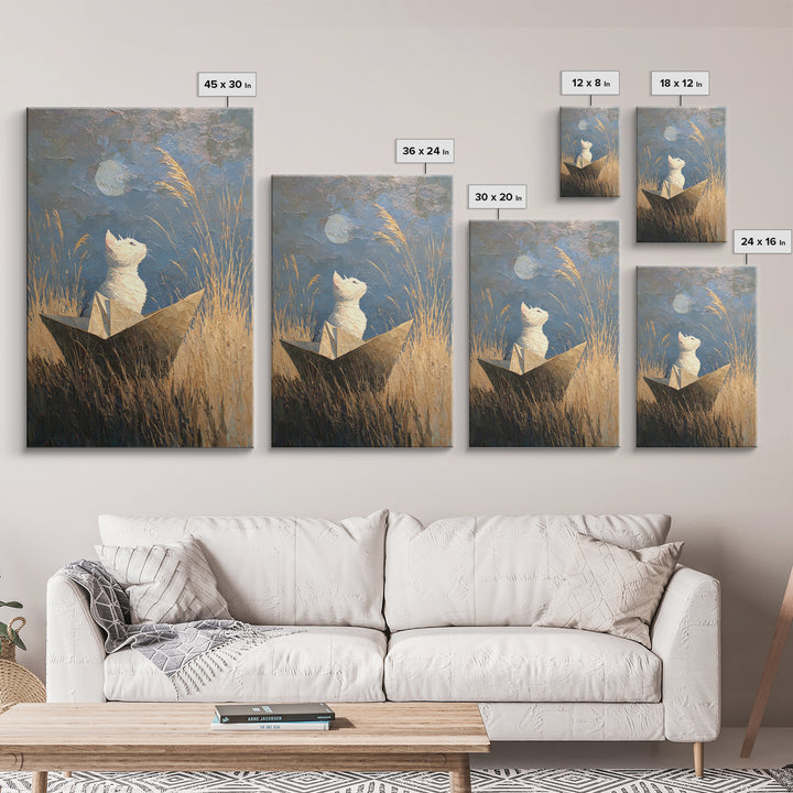 Cat Sailing a Paper Boat Framed Canvas Print, Whimsical Art, Digital Art, Living Room Decor, Fine Art, Wonder, Nursery, WHI-2x3-34