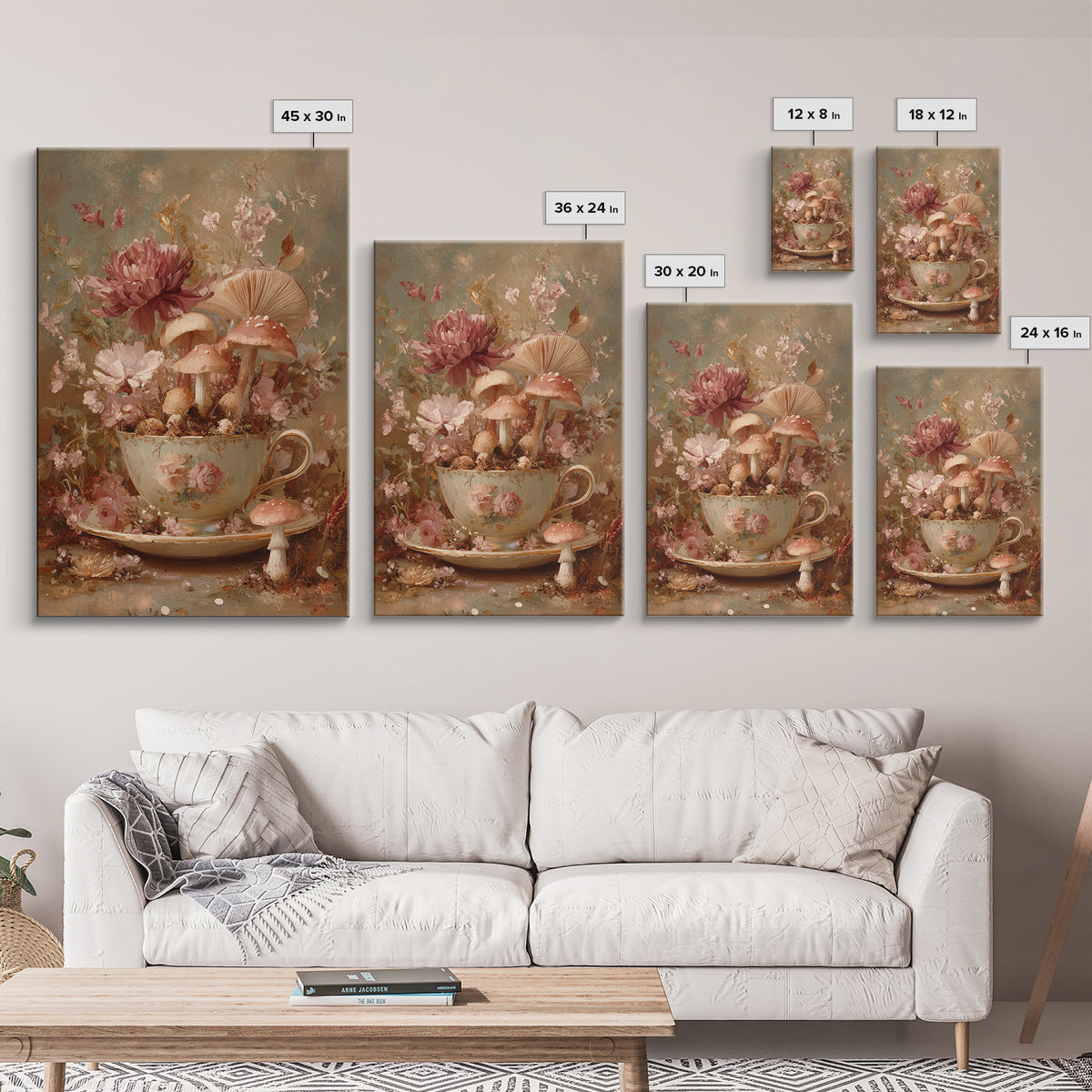 Teacup Garden with Tiny Mushrooms Framed Canvas Print, Whimsical Art, Watercolor Art, Living Room Decor, Fine Art, Wonder, WHI-2x3-36
