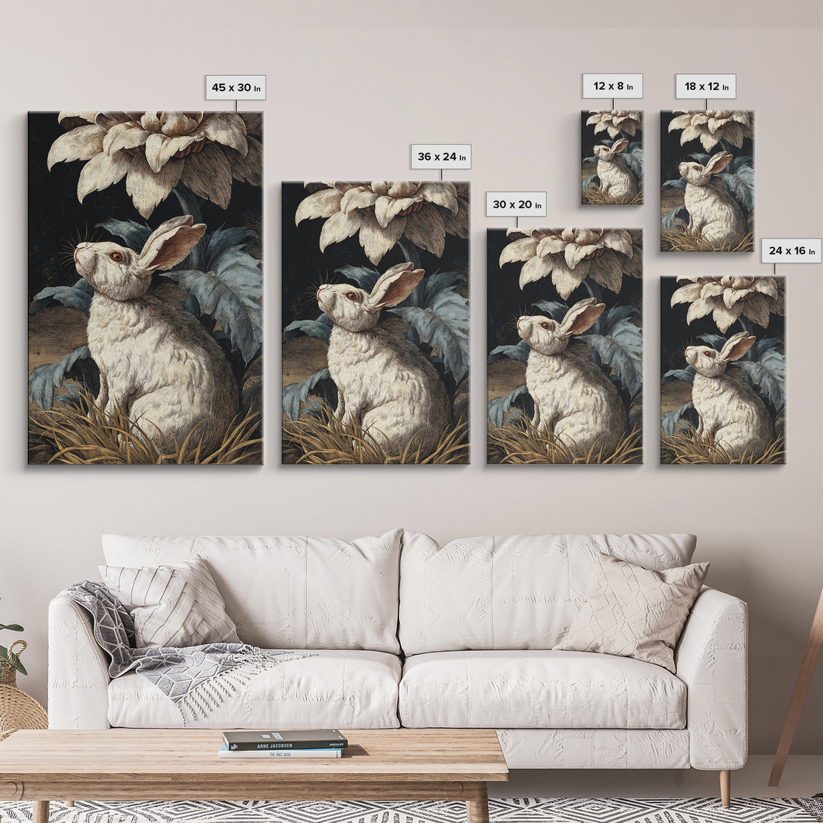 Rabbit Reading Beneath a Giant Flower Framed Canvas Print, Whimsical Art, Nursery Wall Art, Living Room Decor, Fine Art, Wonder, WHI-2x3-37