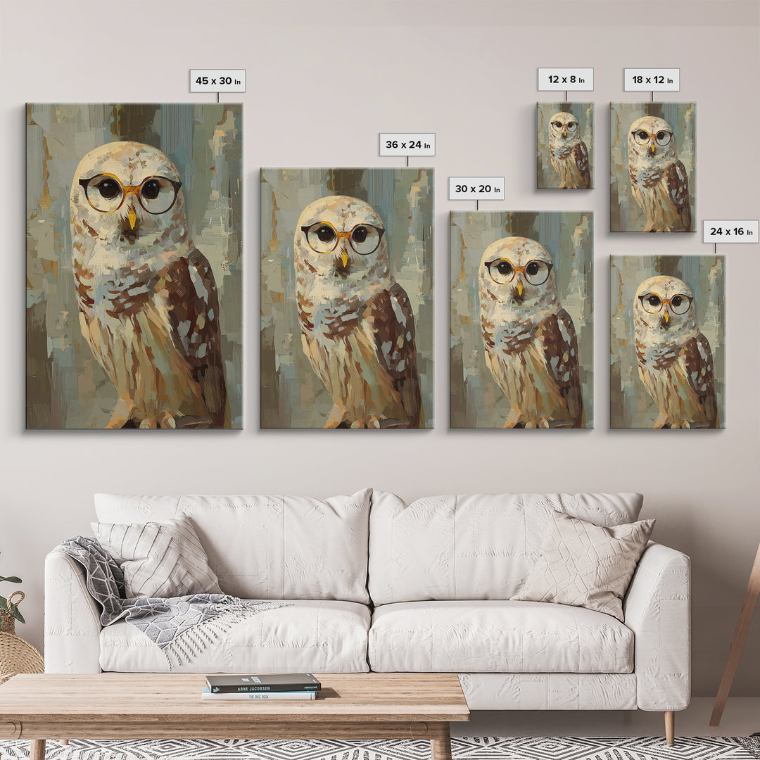 Owl Wearing Spectacles Among Stars Framed Canvas Print, Whimsical Art, Pet Portrait, Living Room Decor, Fine Art, Wonder, WHI-2x3-38
