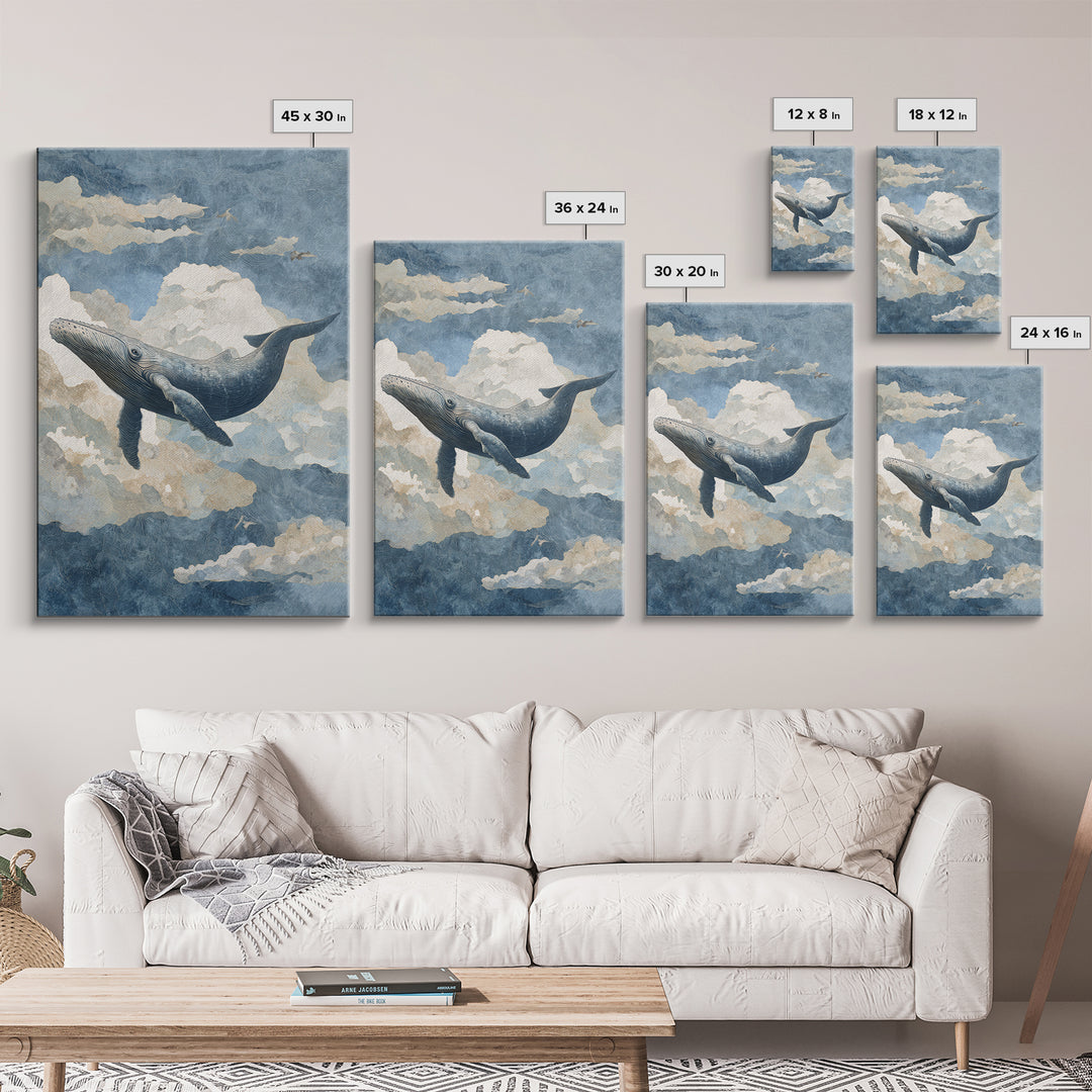 Whale Flying Through Clouds Like Ocean Canvas Print, Whimsical Art, Framed Wall Art, Living Room Decor, Oil Painting, Wonder, WHI-2x3-45