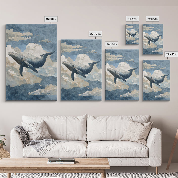 Whale Flying Through Clouds Like Ocean Canvas Print, Whimsical Art, Framed Wall Art, Living Room Decor, Oil Painting, Wonder, WHI-2x3-45