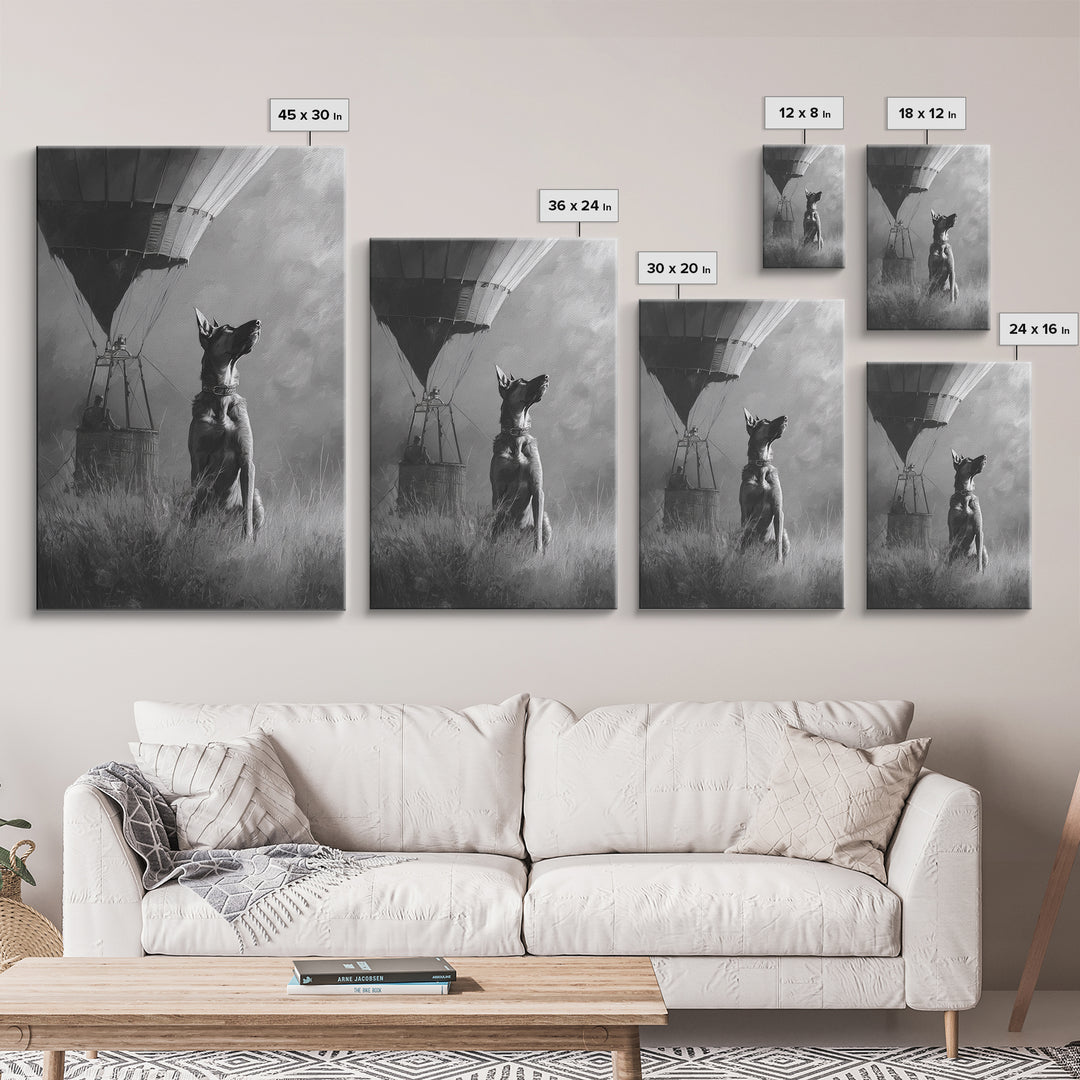 Dog in a Hot Air Balloon Framed Canvas Print, Whimsical Art, Wall Decor, Living Room Decor, Fine Art, Wonder, Printable Art, WHI-2x3-46