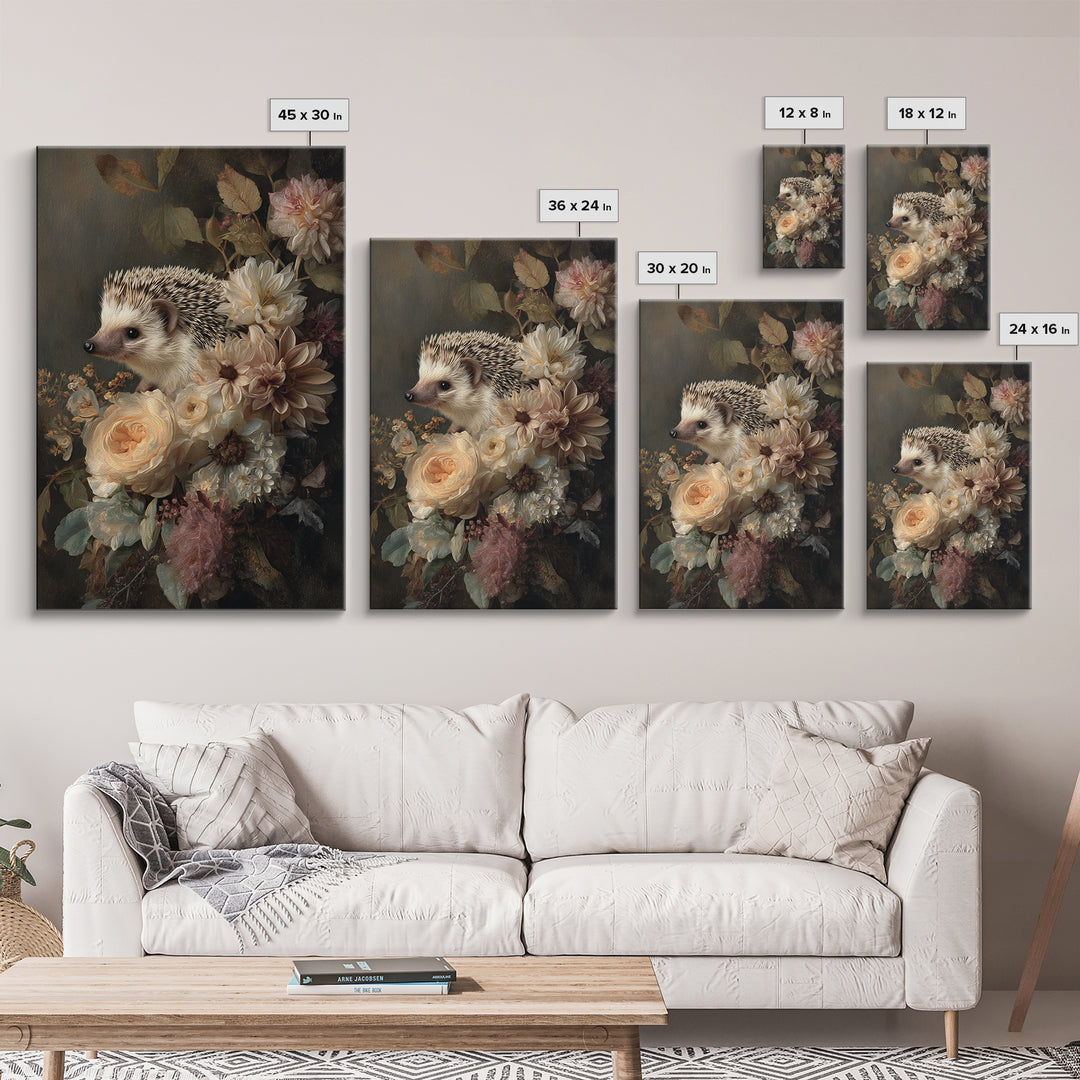 Hedgehog Carrying Wildflowers Framed Canvas Print, Whimsical Art, Art Nouveau, Living Room Decor, Wonder, Nursery Wall Decor, WHI-2x3-47