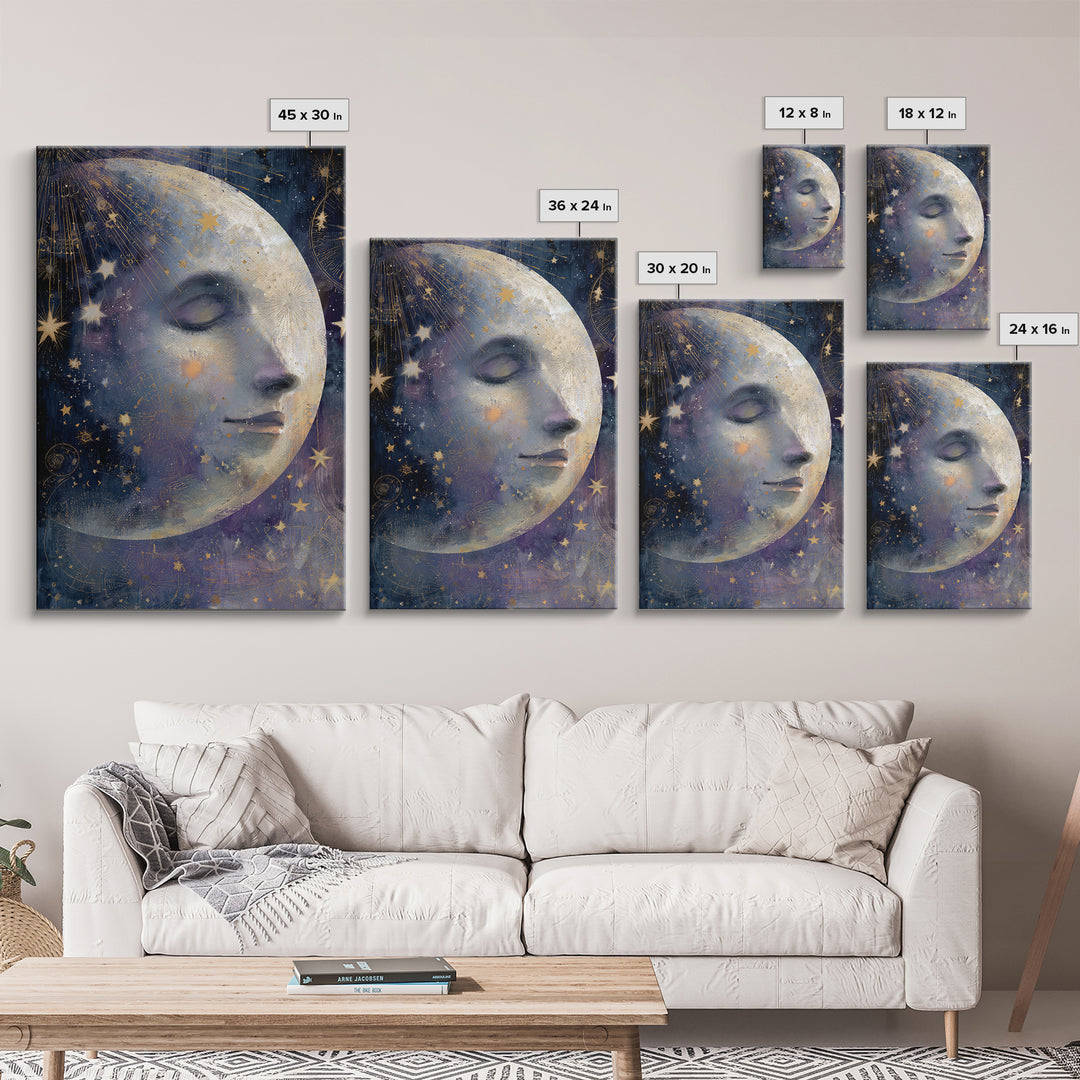Moon with Sleeping Face and Dangling Stars Framed Canvas Print, Whimsical Art, Home Decor, Living Room Decor, Fine Art, Wonder, WHI-2x3-48