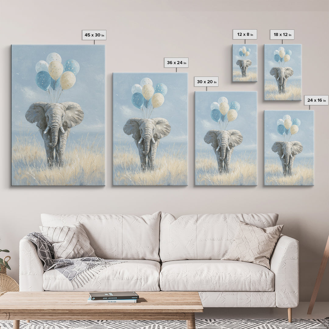 Elephant Holding Balloons Framed Canvas Print, Whimsical Art, Whimsical, Living Room Decor, Oil Painting, Wonder, Nursery Art, WHI-2x3-59