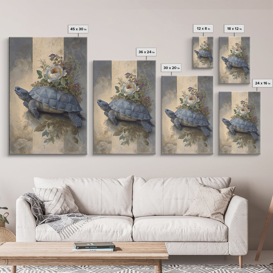 Turtle with Garden Growing on Shell Framed Canvas Print, Whimsical Art, Minimalist Decor, Living Room Decor, Oil Painting, WHI-2x3-6