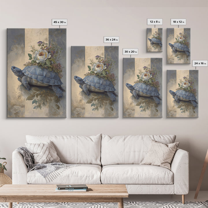 Turtle with Garden Growing on Shell Framed Canvas Print, Whimsical Art, Minimalist Decor, Living Room Decor, Oil Painting, WHI-2x3-6