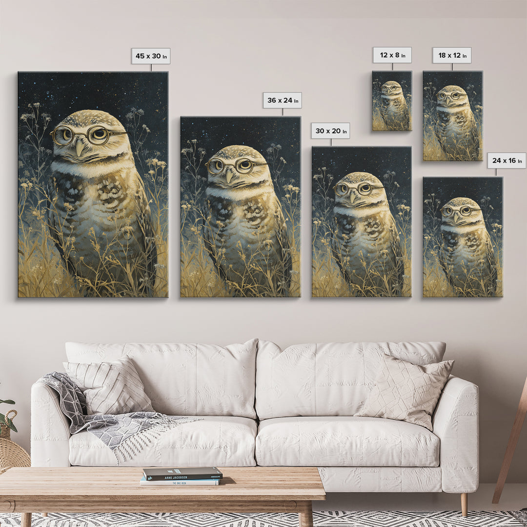 Owl Wearing Spectacles Among Stars Canvas Print, Whimsical Art, Art Nouveau, Living Room Decor, Abstract Art, Wonder, WHI-2x3-62