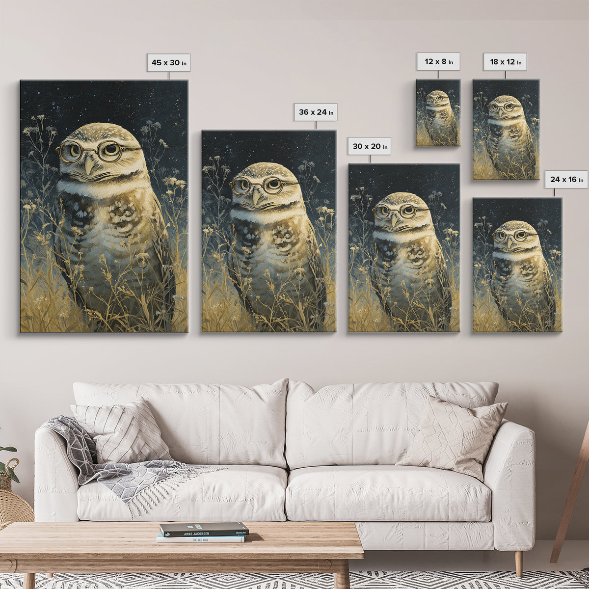 Owl Wearing Spectacles Among Stars Canvas Print, Whimsical Art, Art Nouveau, Living Room Decor, Abstract Art, Wonder, WHI-2x3-62