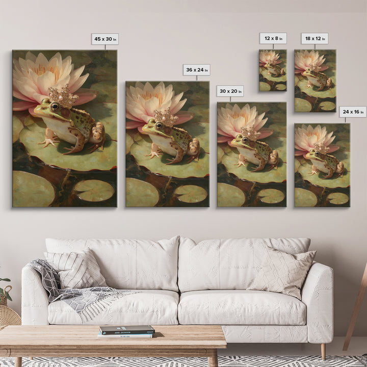 Frog Prince on a Lily Pad Framed Canvas Print, Whimsical Art, Digital Art, Living Room Decor, Fine Art, Wonder, Nursery, WHI-2x3-64
