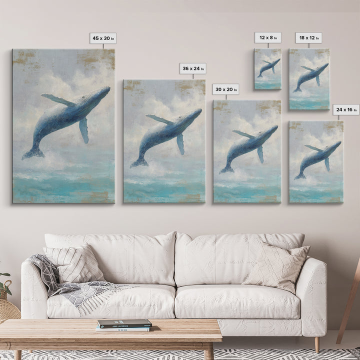 Whale Flying Through Clouds Like Ocean Framed Canvas Print, Whimsical Art, Living Room Decor, Fine Art, Wonder, Gallery Decor, WHI-2x3-69