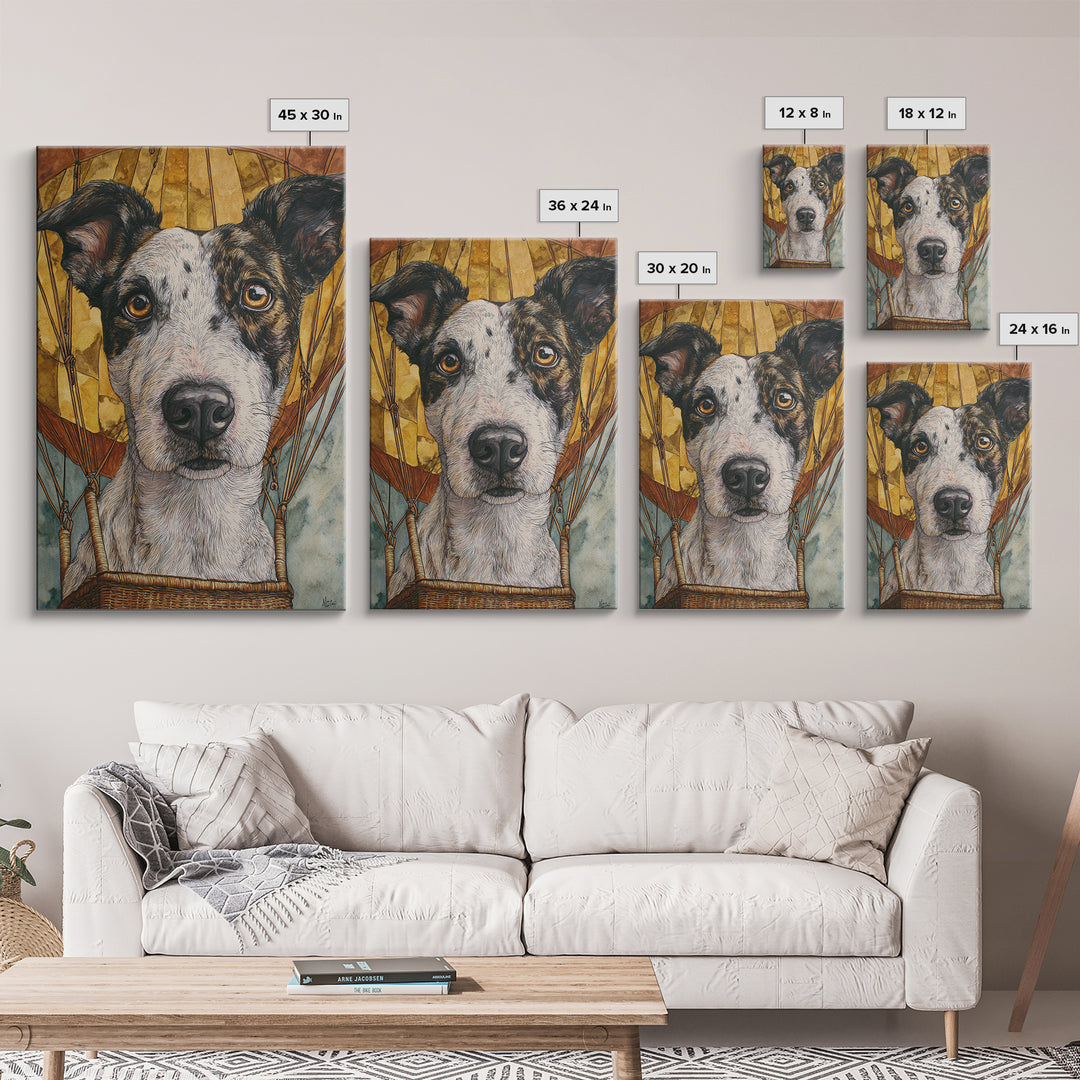 Dog in a Hot Air Balloon Canvas Print, Whimsical Art, Oil Painting, Living Room Decor, Fine Art, Wonder, Dark Academia Decor, WHI-2x3-70