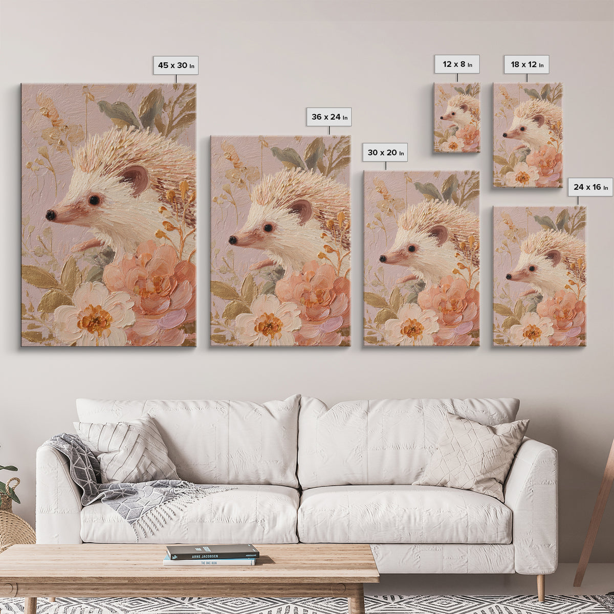 Hedgehog Carrying Wildflowers Canvas Print, Whimsical Art, Nursery, Living Room Decor, Oil Painting, Wonder, Watercolor Art, WHI-2x3-71