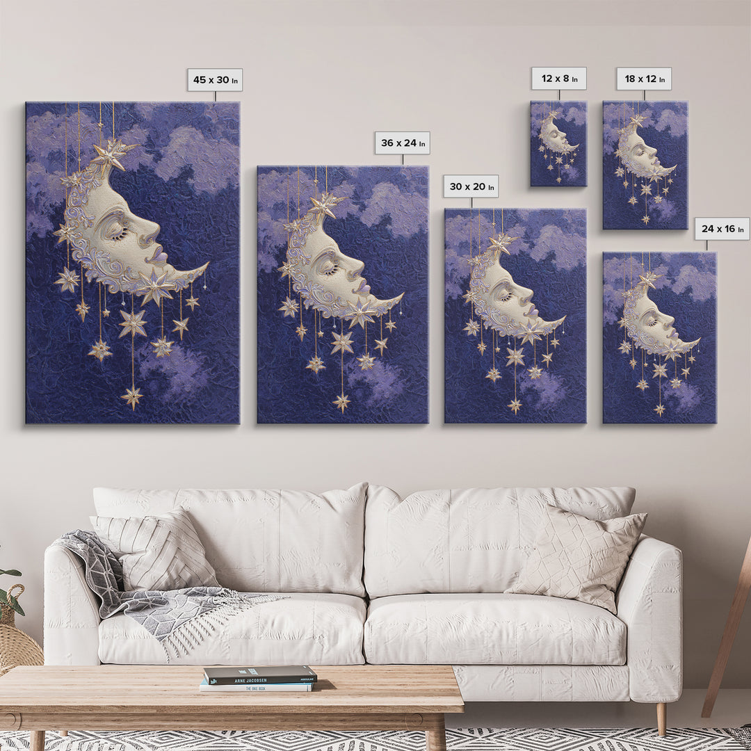 Moon with Sleeping Face and Dangling Stars Canvas Print, Whimsical Art, Printable Wall Art, Living Room Decor, Fine Art, Wonder, WHI-2x3-72