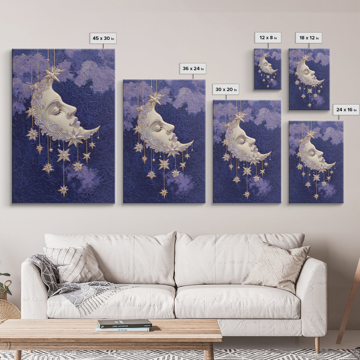 Moon with Sleeping Face and Dangling Stars Canvas Print, Whimsical Art, Printable Wall Art, Living Room Decor, Fine Art, Wonder, WHI-2x3-72