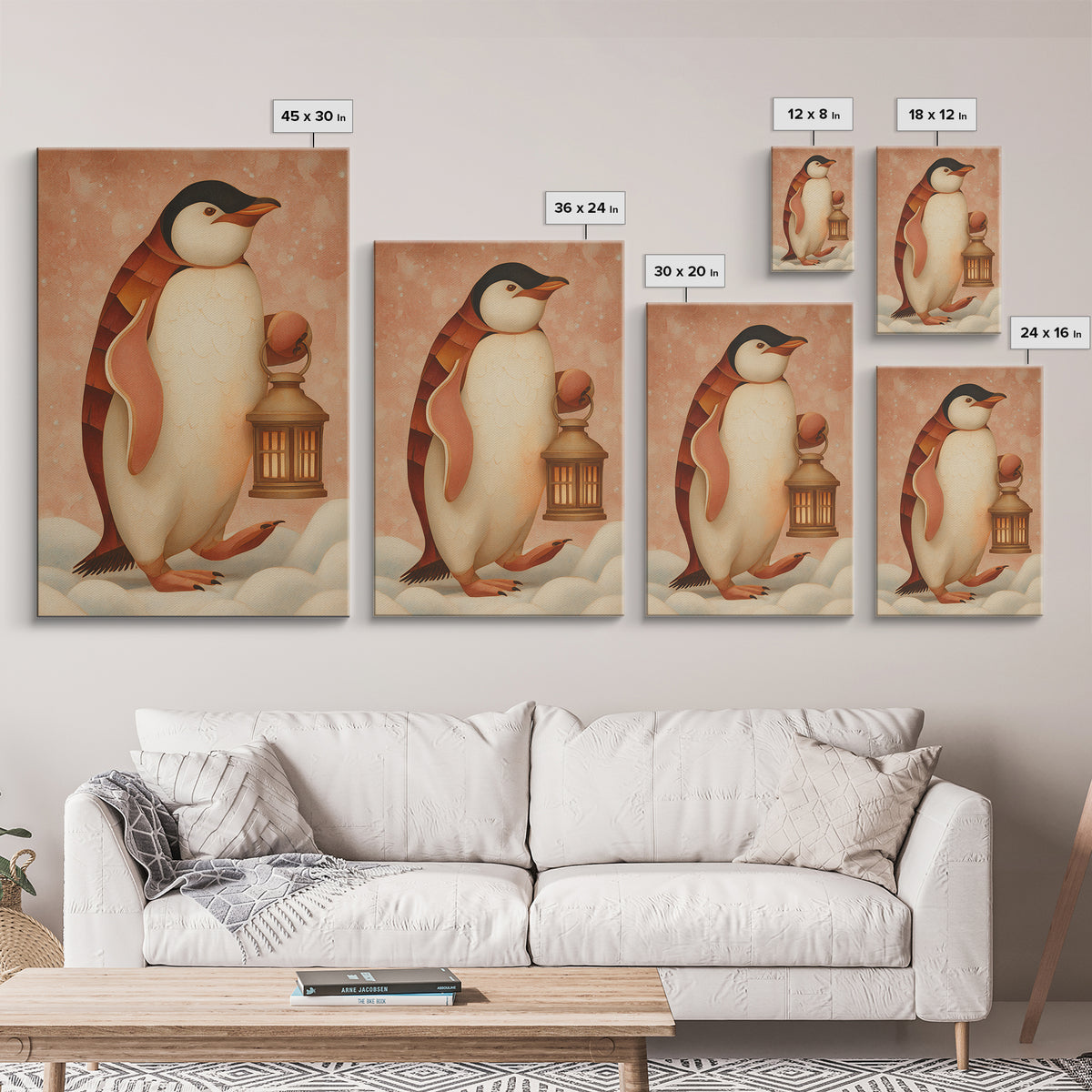 Penguin Holding a Lantern Framed Canvas Print, Whimsical Art, Abstract Wall Art, Living Room Decor, Fine Art, Wonder, WHI-2x3-73