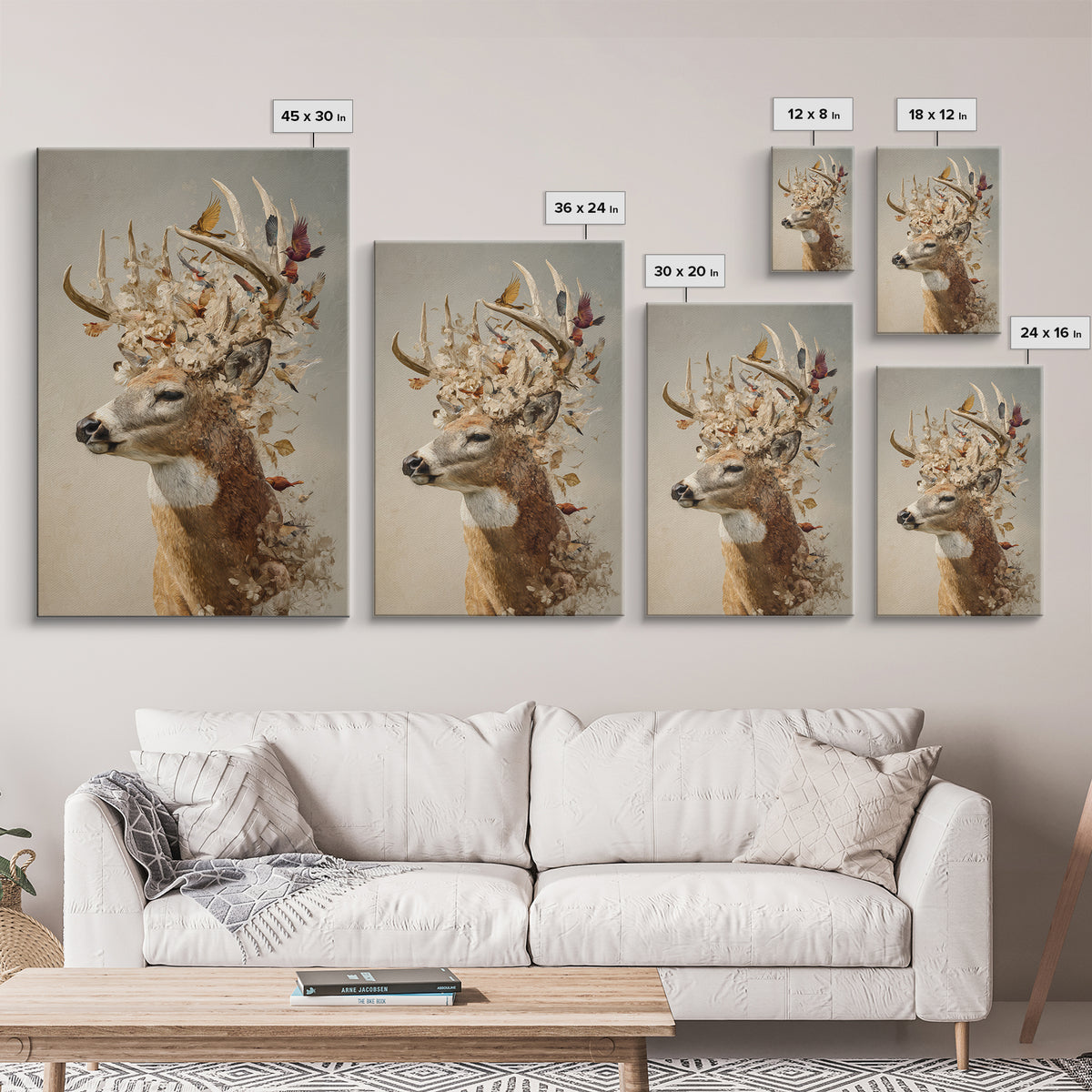 Deer with Antlers Full of Birds Framed Canvas Print, Whimsical Art, Living Room Decor, Fine Art, Wonder, Gallery Decor, WHI-2x3-75
