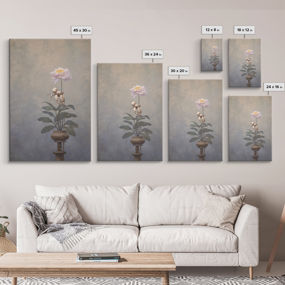 Robot Watering a Single Flower Canvas Print, Whimsical Art, Dark Academia Decor, Living Room Decor, Fine Art, Wonder, WHI-2x3-77