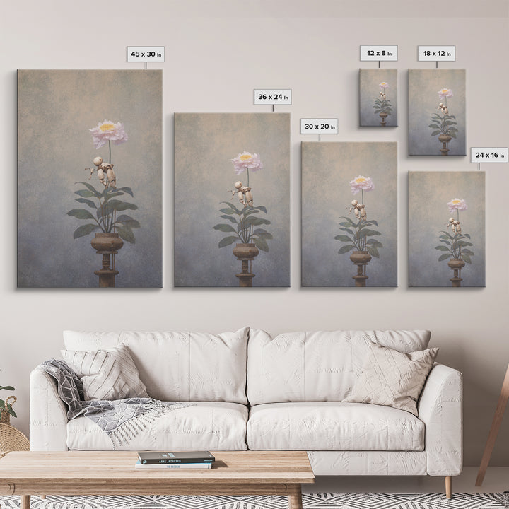 Robot Watering a Single Flower Canvas Print, Whimsical Art, Dark Academia Decor, Living Room Decor, Fine Art, Wonder, WHI-2x3-77