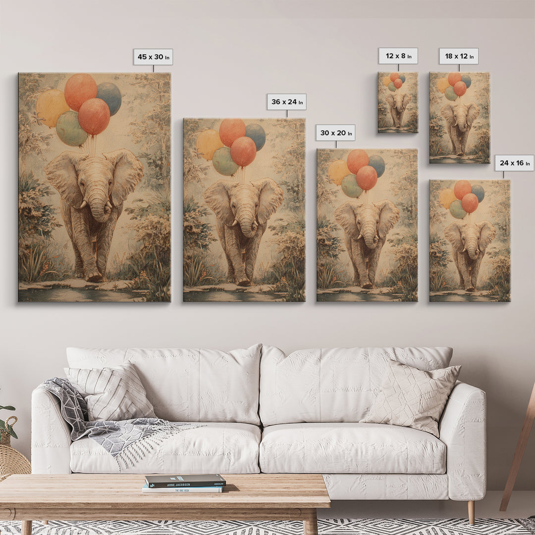 Elephant Holding Balloons Framed Canvas Print, Whimsical Art, Bird Art, Living Room Decor, Abstract Art, Wonder, WHI-2x3-83
