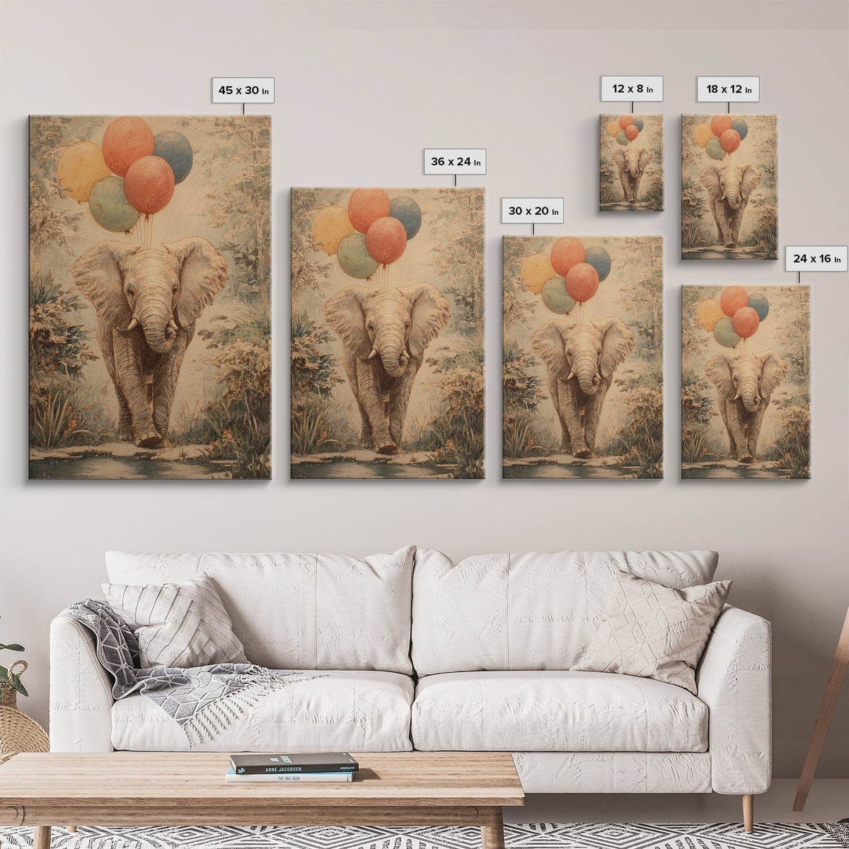 Elephant Holding Balloons Framed Canvas Print, Whimsical Art, Bird Art, Living Room Decor, Abstract Art, Wonder, WHI-2x3-83