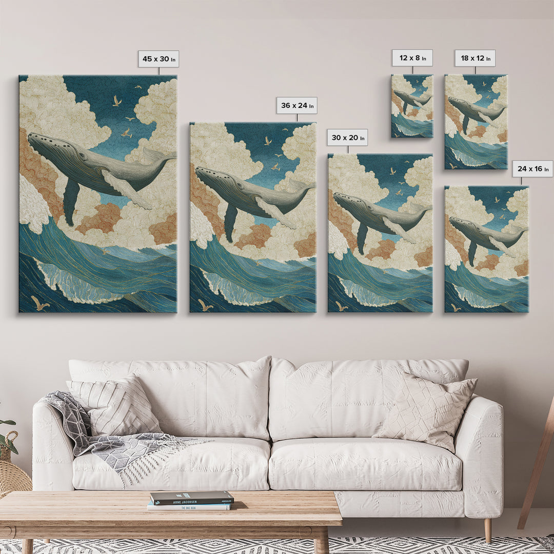Whale Flying Through Clouds Like Ocean Framed Canvas Print, Whimsical Art, Living Room Decor, Fine Art, Wonder, Gallery Decor, WHI-2x3-93