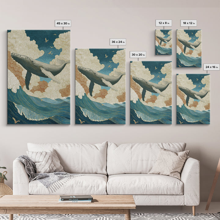 Whale Flying Through Clouds Like Ocean Framed Canvas Print, Whimsical Art, Living Room Decor, Fine Art, Wonder, Gallery Decor, WHI-2x3-93