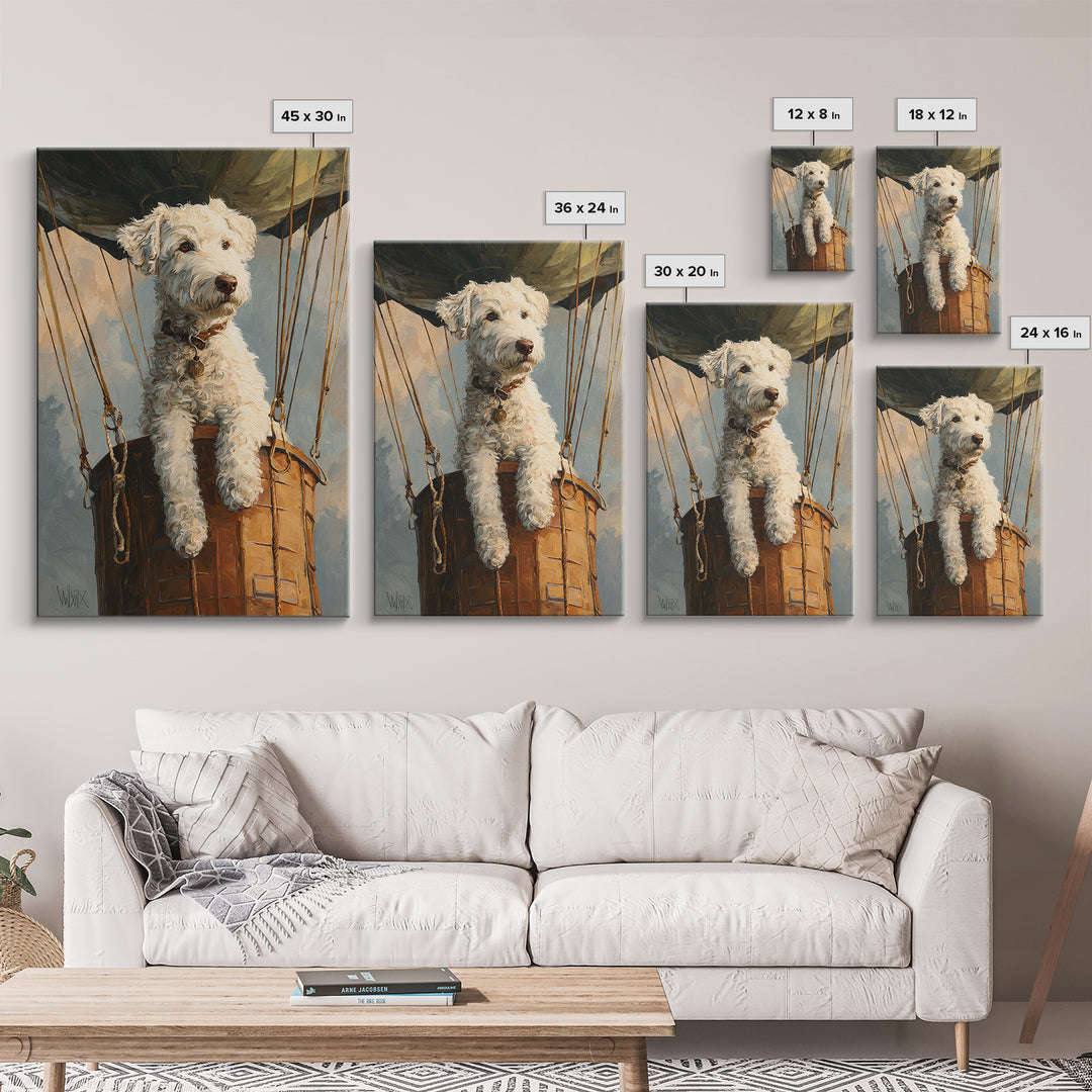 Dog in a Hot Air Balloon Framed Canvas Print, Whimsical Art, Digital Print, Living Room Decor, Fine Art, Wonder, Bird Art, WHI-2x3-94