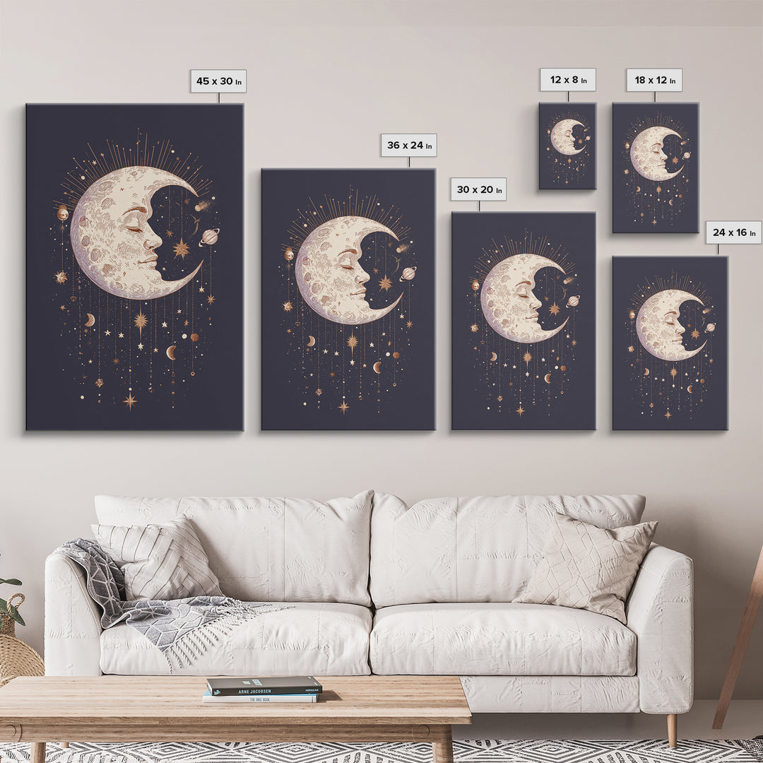Moon with Sleeping Face and Dangling Stars Canvas Print, Whimsical Art, Living Room Decor, Fine Art, Wonder, Gallery Decor, WHI-2x3-96