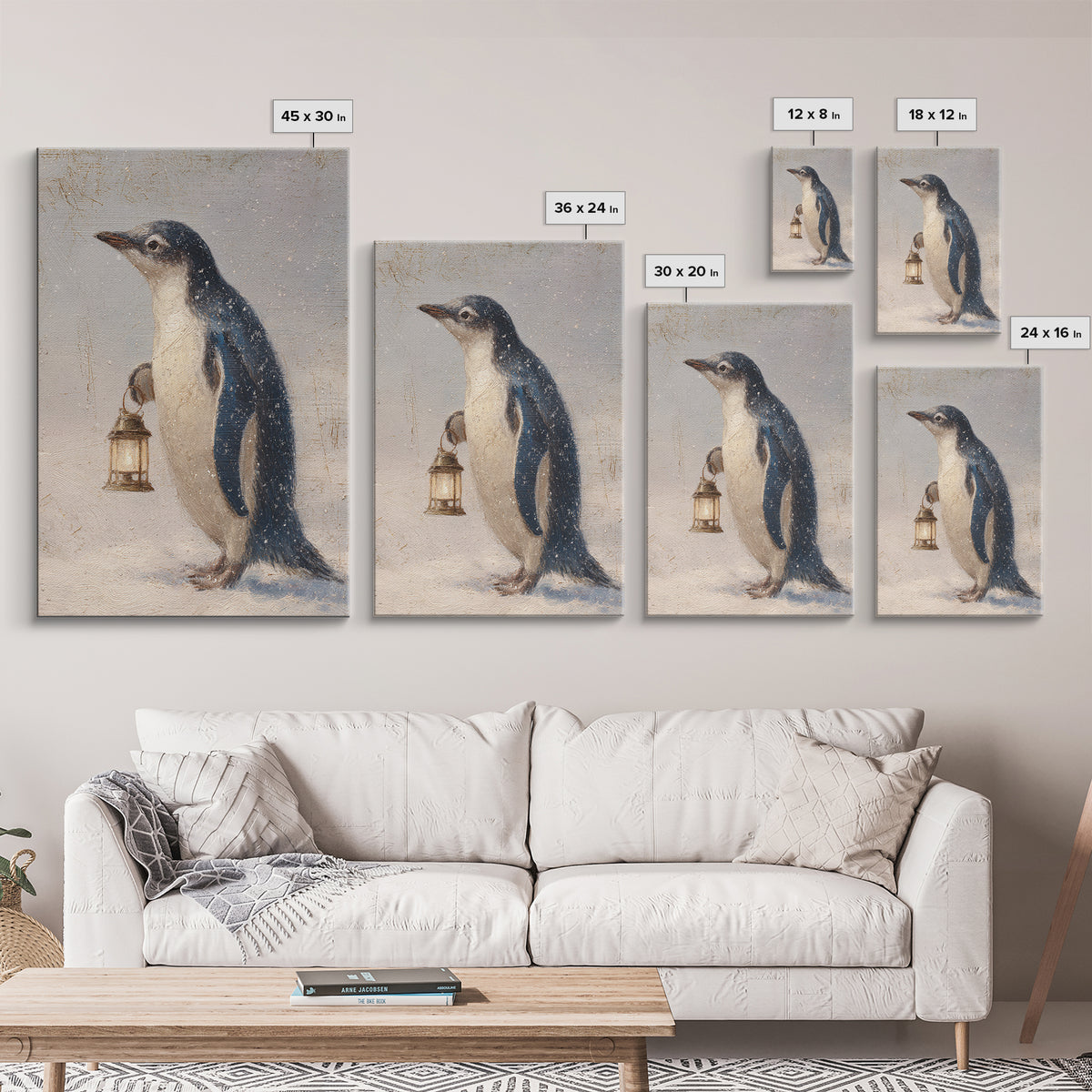 Penguin Holding a Lantern Framed Canvas Print, Whimsical Art, Abstract Wall Art, Living Room Decor, Fine Art, Wonder, WHI-2x3-97