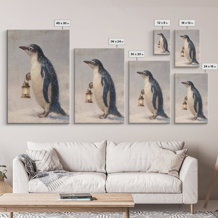 Penguin Holding a Lantern Framed Canvas Print, Whimsical Art, Abstract Wall Art, Living Room Decor, Fine Art, Wonder, WHI-2x3-97