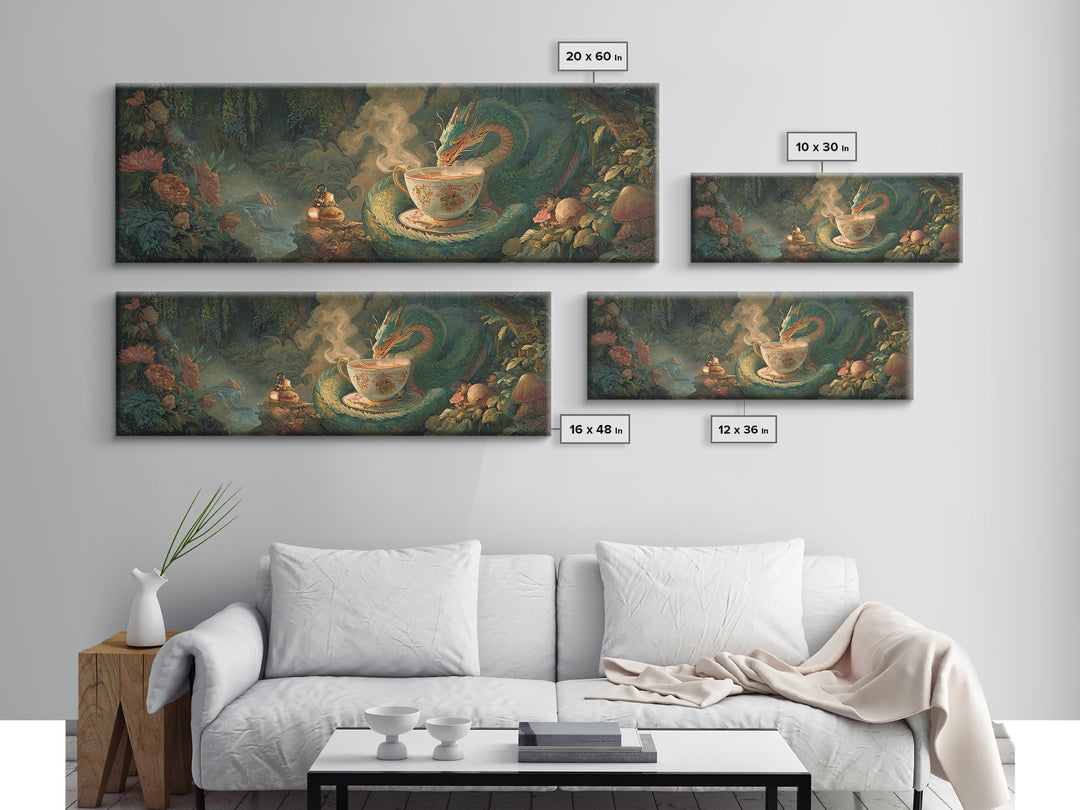 Dragon Curled Around a Teacup Canvas Print, Whimsical Art, Dark Academia Decor, Living Room Decor, Wonder, Modern Decor, WHI-3x1-16