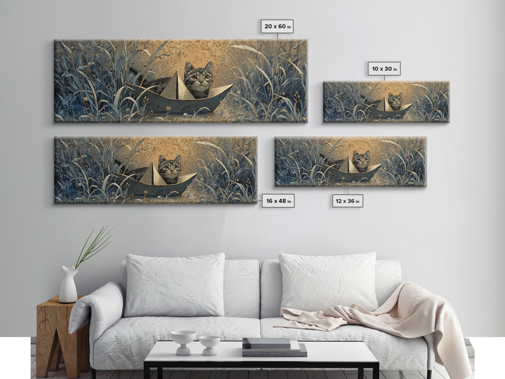 Cat Sailing a Paper Boat Framed Canvas Print, Whimsical Art, Digital Print, Living Room Decor, Fine Art, Wonder, Bird Art, WHI-3x1-18