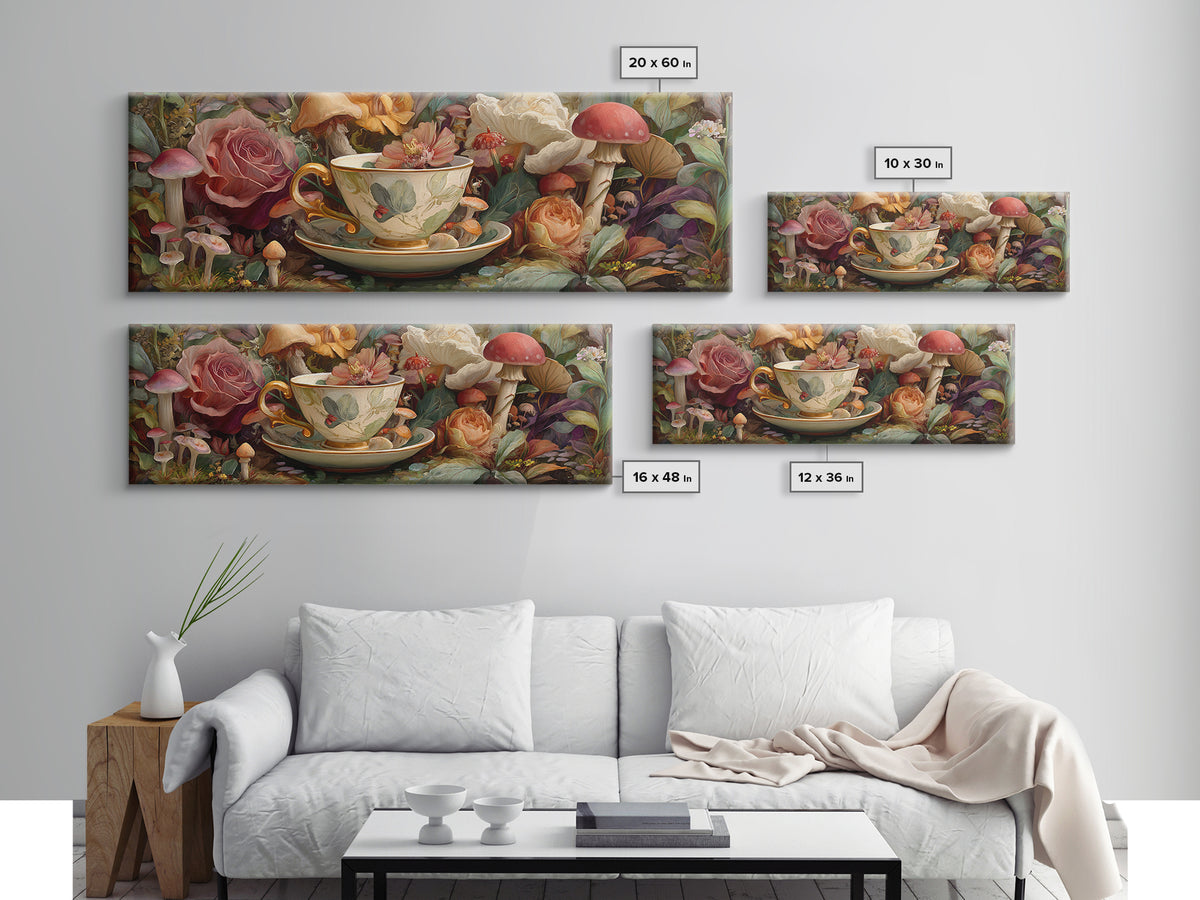Teacup Garden with Tiny Mushrooms Canvas Print, Whimsical Art, Nursery Art, Living Room Decor, Oil Painting, Wonder, WHI-3x1-20